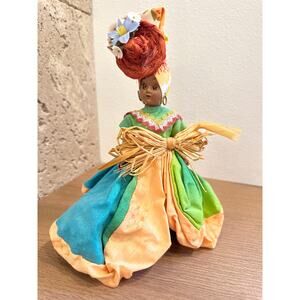 Vintage 9” Folk Art Black African American Doll Turban Plastic Head Freestanding